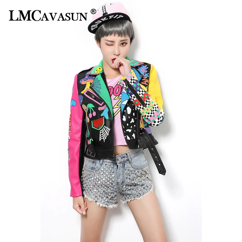 

LMCAVASUN Casual Autumn Outerwear 2018 Rivet Decoration Black Jacket for Women Leopard Pattern PU Leather Jackets & Coats