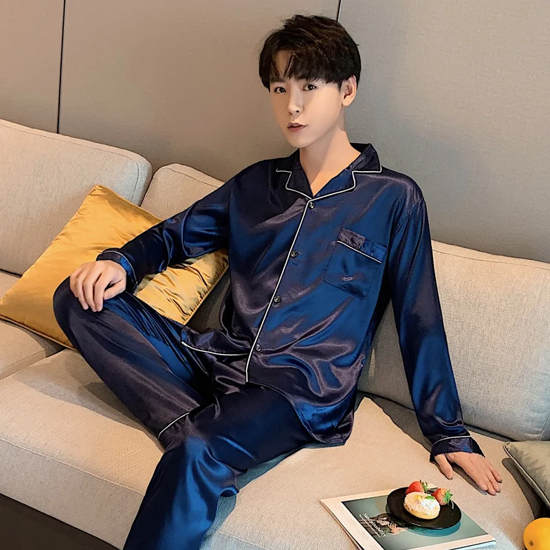 Spring Men Long Sleeve Pajamas Set Solid Satin Homewear Silk Man Sleepwear Suit Casual Turn-Down Collar Pyjamas Male Sleep Tops