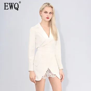 

[EWQ] 2020 Spring New Pattern Lapel Long Sleeve Small Suit Lace Split Joint Overskirt Twinset Suit Woman Fashion Tide AH71000L