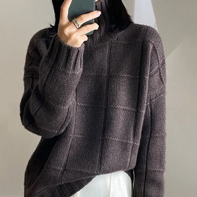 High-neck Thick Cashmere Sweater Women Loose Korean Style Lazy Autumn Winter New Wool Knitted Sweater Turtleneck Pullover Female ladies sweater Sweaters