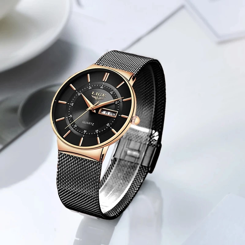 LIGE Women Watches Luxury Brand Ultra-thin Calendar Week Quartz Watch Ladies Mesh Stainless Steel Waterproof Gift Reloj Muje+Box