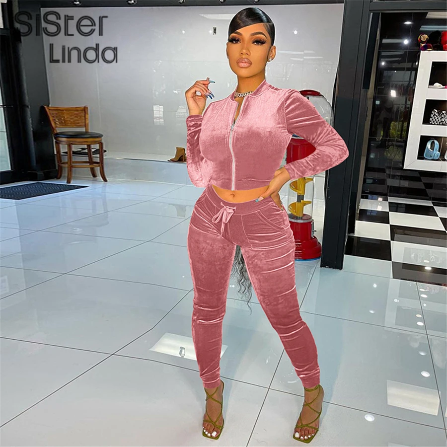 Fall Velvet Thicken Soft Tracksuit Women 2piece Set Slim Stretch Zipper Sporty Sweatshirt+pocket