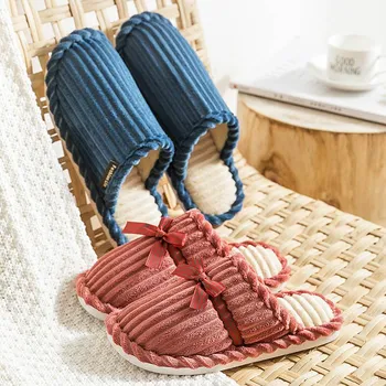 

Warm Winter Slippers Ladies Butterfly Knot Slippers Women Men Striped Suede Soft Indoor Non-slip Slippers Shoes For Home Floor