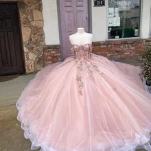 

New Pink Quinceanera Dresses Ball Gowns Beading Handemade 3D Flowers For Sweet Girl Princess Ball Gowns Vestidos De 15 Años