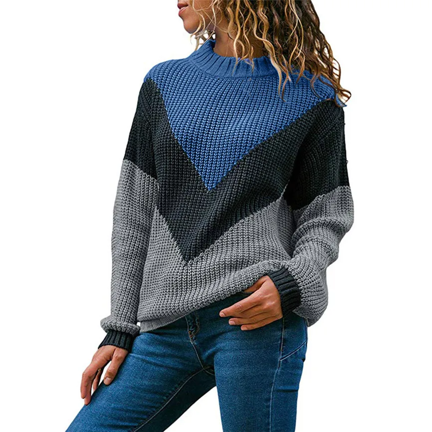 

Pullover Warm Knitted Loose Sweater Women Round Neck Color Block Long Sleeve Knitted Sweater Tops Pullover Jumper #45
