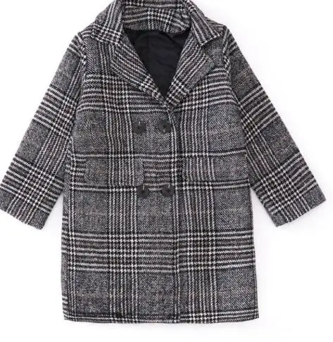 Детское зимнее пальто для девочек, шерстяной с узором «гусиные лапки», пальто, осенняя куртка для девочек-подростков, теплая длинная верхняя одежда, детская ветрозащитная одежда для девочек - Цвет: Черный