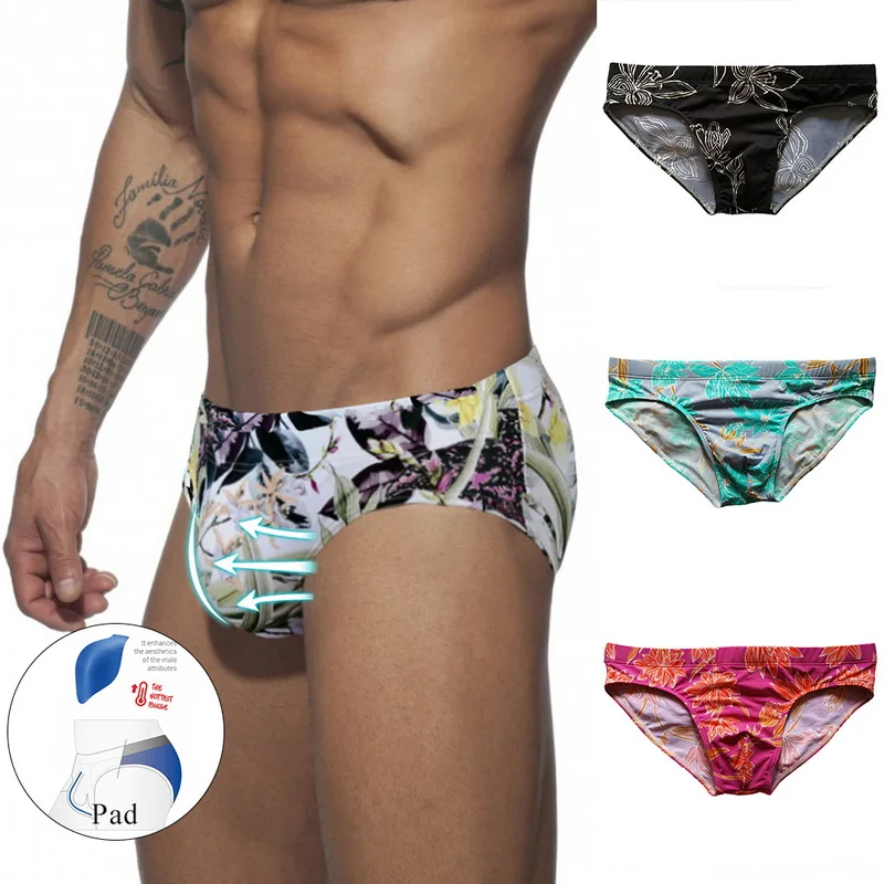 Penis Push Up Swim Briefs For Men Summer Sexy Padded Swimwear Mens Floral Print Swimming Trunks Swimsuit Bikini Beach Shorts