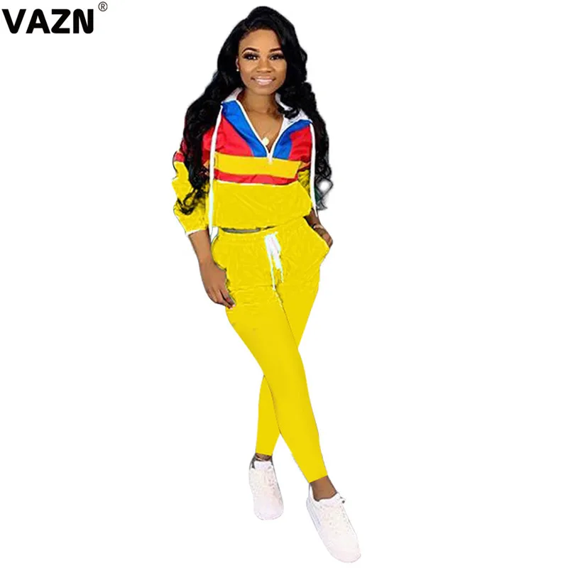 VAZN YM-8457 капюшон спортивный стиль Сращивание Мода 2 шт. Женский комплект длинные штаны бандаж полный рукав сексуальный женский длинный комплект платья