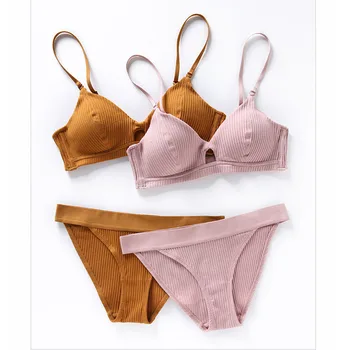 

New Women Cotton Underwear Sexy Hollow Adjustable Padded Push Up Bra Set Ultra-thin Thread Bras Striped Panties Japan Lingerie