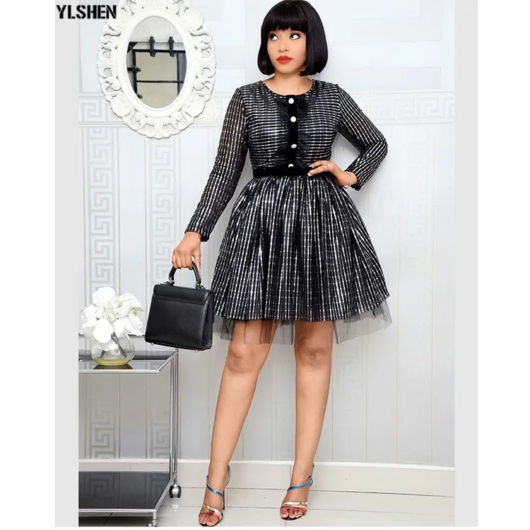 African Dresses for Women Office Lady A-Line Sequins Africa Dress African Clothing High Waist Elegant Ladies Tunic Mini Dress 03