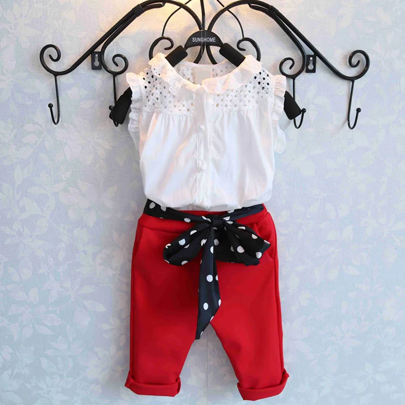 Летняя одежда для девочек комплект одежды для девочек, детская одежда для отдыха белая футболка+ красные штаны одежда для маленьких девочек - Цвет: Бежевый