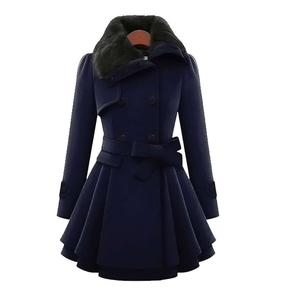 Wipalo Женское двубортное теплое пальто с искусственным мехом, шерстяное пальто с поясом, большие размеры S-5XL, плюс сайз, расклешенное пальто