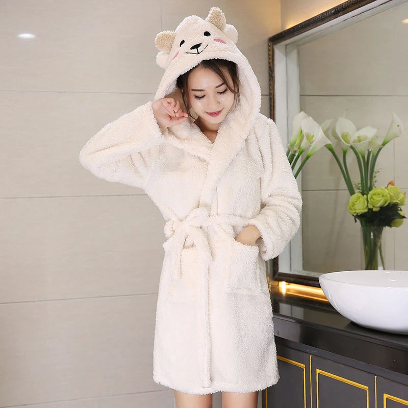 Nightgown For Women Spring Coral Velvet Warm Hooded Women Bathrobe Cartoon Sashes Cloak Thick Medium-Long Soft Night Dress