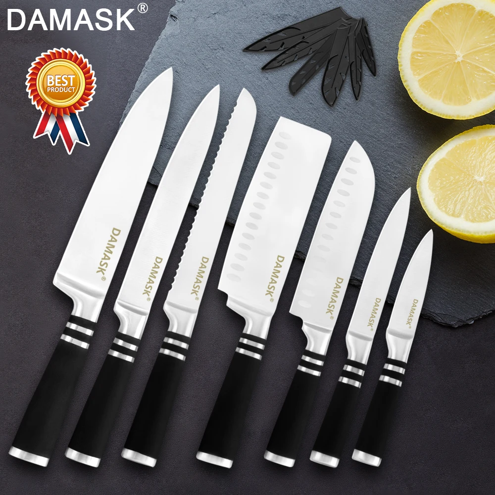 Damask 3Cr14 Stainless Steel Kitchen Knives Set Hot Sale Good Quality 430 Handle Kitchen Knives