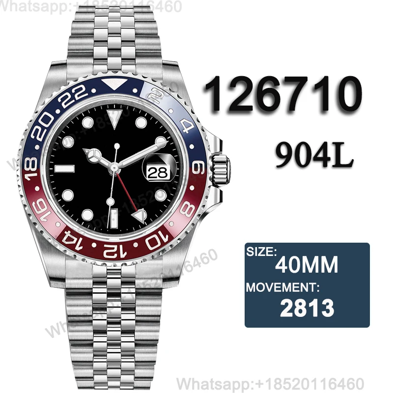 Мужские часы 126710 AAA Реплика GMT Master автоматические механические 904L из нержавеющей