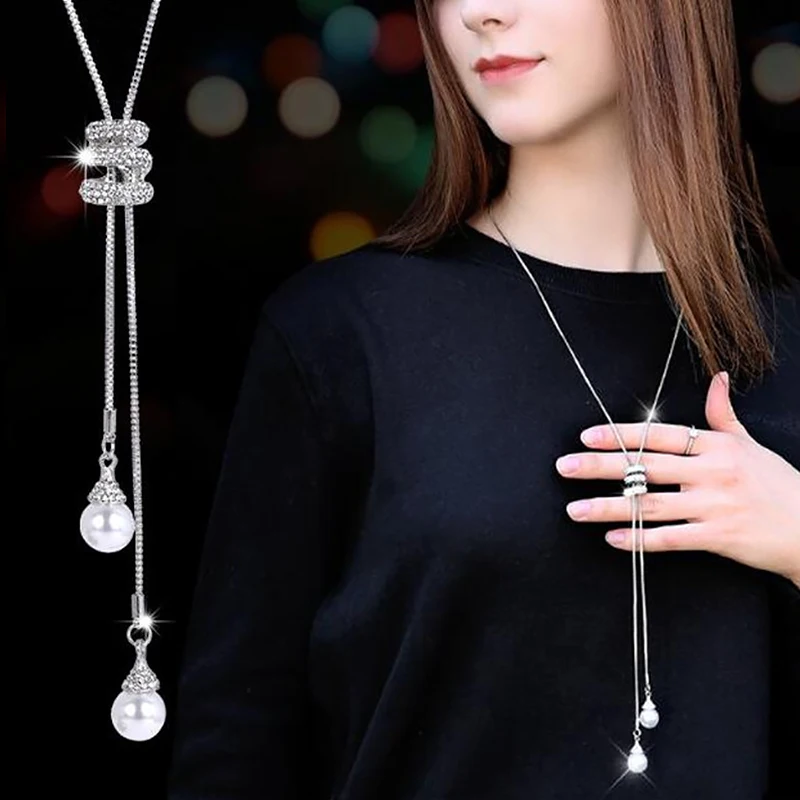 Длинная цепочка на свитер с искусственным жемчугом и кристаллами, винтажное ожерелье с подвеской, вечерние украшения, подарки