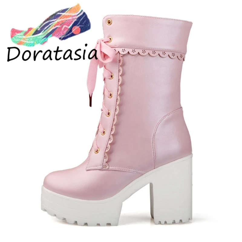 

2018 Spring And Autumn Lace-Up Sweet Platform Ankle Boots Floral Border High Square Heel Women Shoes Big Size 33-42