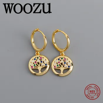 

WOOZU High Quality Real 925 Sterling Silver Round Colorful Zircon Peace Tree Drop Earrings for Women Party Wedding Jewelry Gift