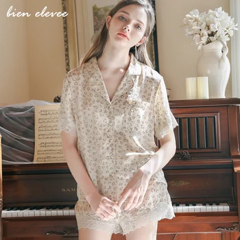

Summer Nightgown Lace Silk Satin Pajamas Set Thin Women Sleep Suit Leopard Nightwear Short Sleeves Sleepwear Robe Set