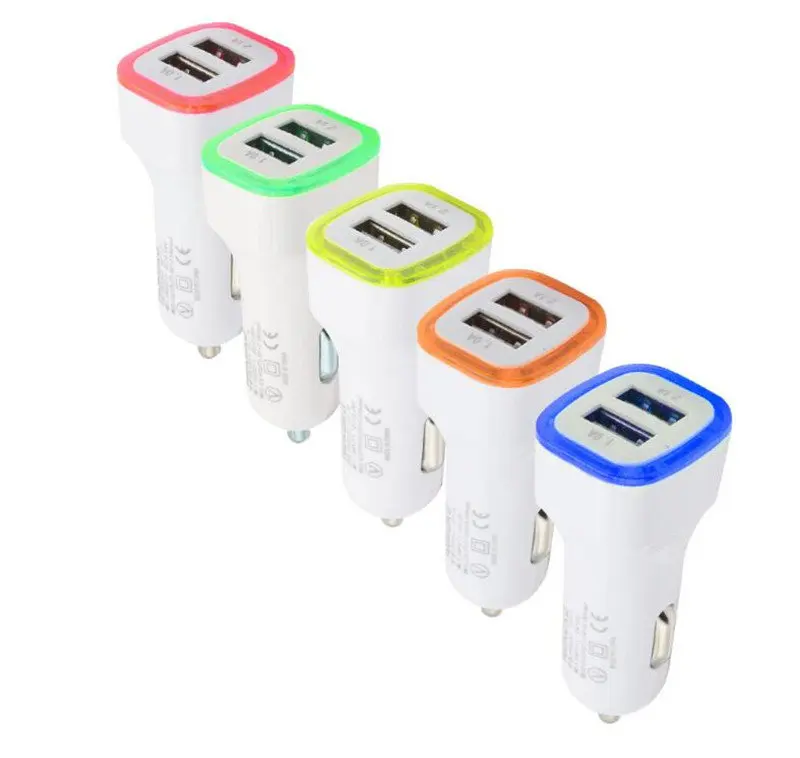 500pcs Square LED light 2.1A Dual USB 2 ports car Charger Adapter For iPhone 5/5S 6/6S Plus 7 8 For xiaomi Cell Phone GPS Tablet
