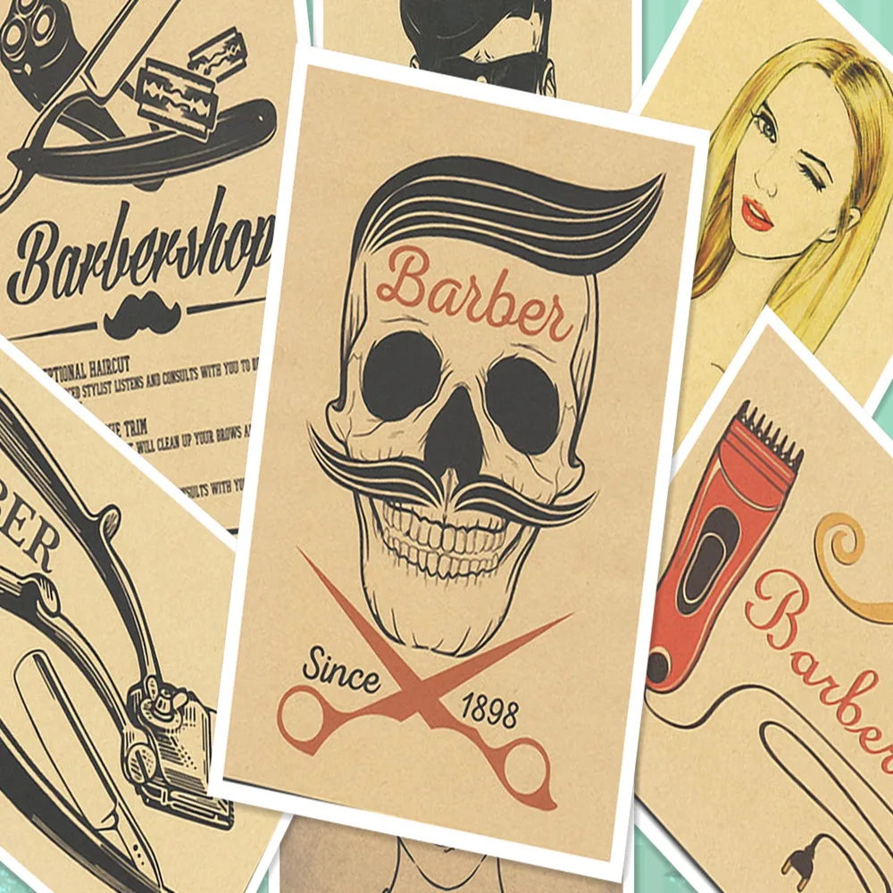 

Vintage Hairdresser Tattoos Patterned kraft Paper Poster Barber Shop Decor Barber Tools Shave Hair Salon Wall Stickers 30X42 CM