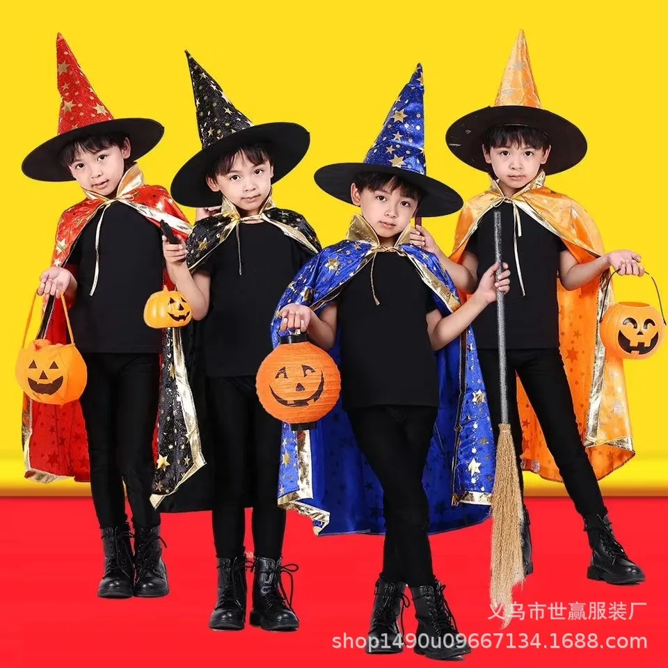 Halloween Cloak Children's Watch Performance Magician Wizard Bronze Five-Star Mantle Cloak Hat Set