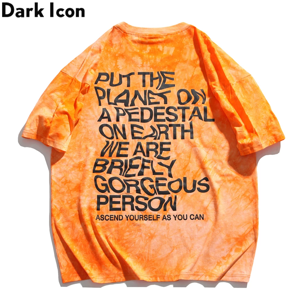 Dark Icon Tie Dye Letter Print Oversized T shirt Men Short Sleeve Round Neck Loose Tee Shirts
