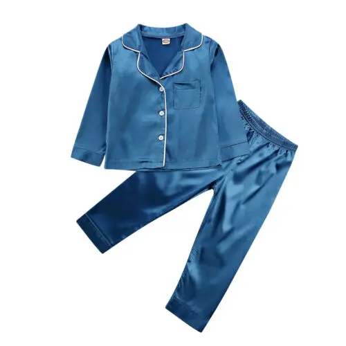 

2020 Spring Autumn Toddler Infant Baby Boy Girl Sleepwear long sleeve Tops Pants Home Solid Outfits silk Pajamas 2PCS Set