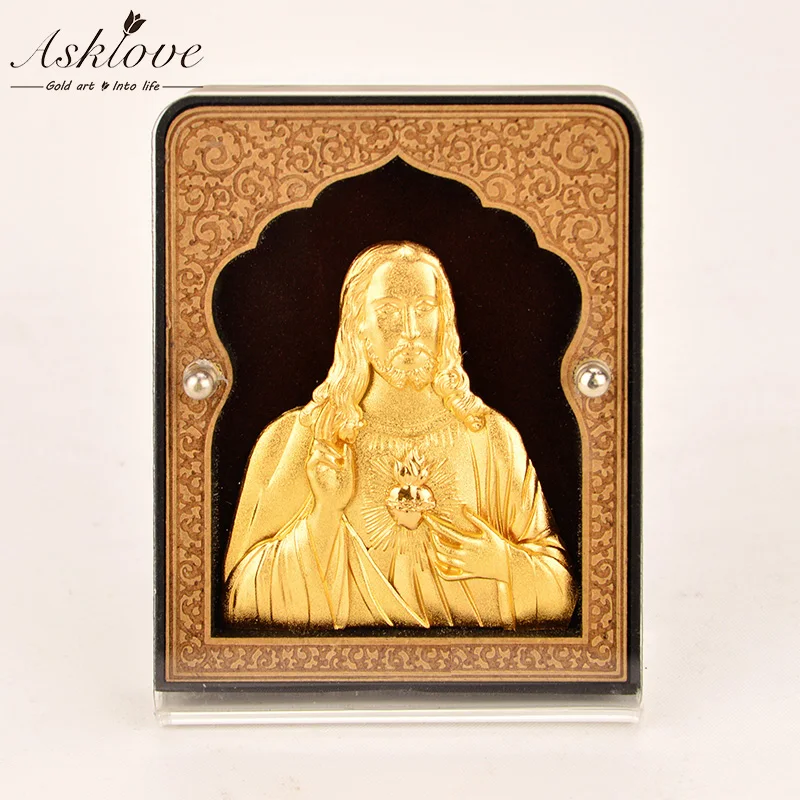 3D орнамент Иисуса Золотая фольга подарок офисные настольные поделки автомобиля украшения Иисуса Мини картина в рамке католические сувениры серии Иисуса