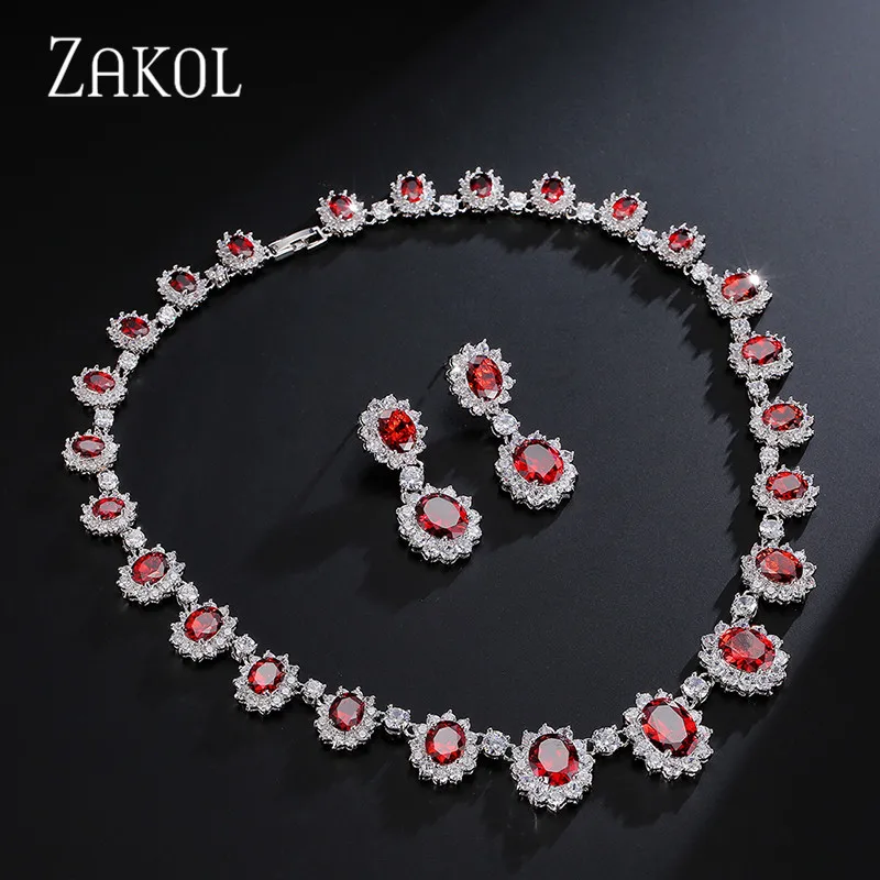 Изысканный Овальный набор ювелирных изделий ZAKOL из голубого циркония с микро инкрустацией с роскошным белым цветом для подружки невесты ювелирные изделия FSSP018 - Окраска металла: Red