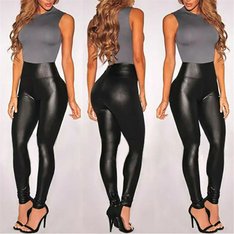 Women Black Pants Stretch Faux Leather High Waist Slim Leggings Trouser