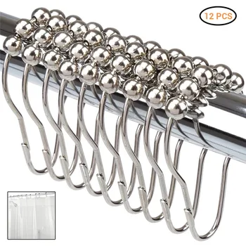

24Pcs Matal Shower Curtain Hooks Rings Bathroom Rollerball Ring Hook Silver Five Beads Hook Rods Shower Curtain Accessories