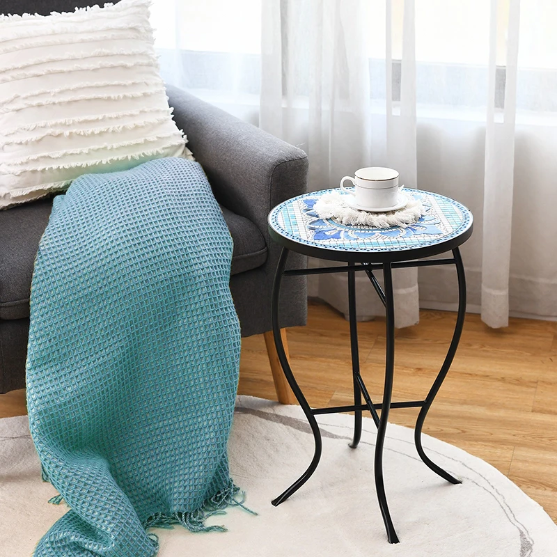 

Mosaic Side Round Balcony Bistro End Table Exquisite Ceramic Tile Top Sturdy Solid Steel Frame Side Table Garden Coffee Table
