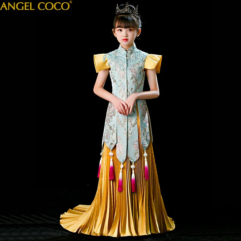 

Girls Princess Kids Dresses for Girls Pleated satin Embroidered tassel Gown 2020 Baby Girls Clothes Children Wedding Party Dress