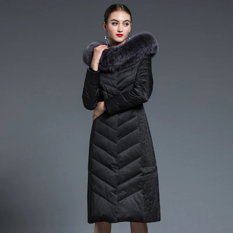 Пальто с капюшоном и воротником из натурального Лисьего меха женская одежда 2018