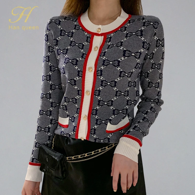 

H Han Queen Retro short Jacket Cardigan Women's Sweaters Autumn Winter 2019 Fashion Casual O-Neck Cardigans Loose Knitted Jumper