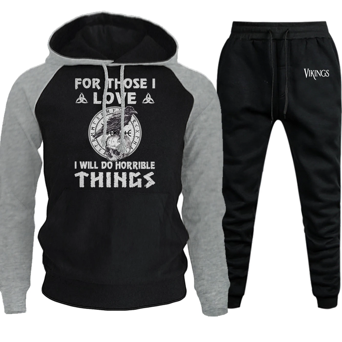 Vikings Vintage Printed Autumn Winter 2019 Streetwear Mens Raglan Hooded Suit Casual Fleece Pullover Hoodie Pants 3