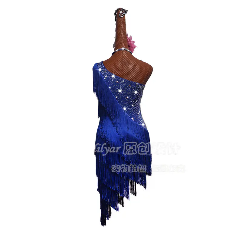 Sparkly Rhinestones Latin Competition Dance Dress Women Sexy Blue Fringed Dance Skirt Female Festival Stage Performance Clothing