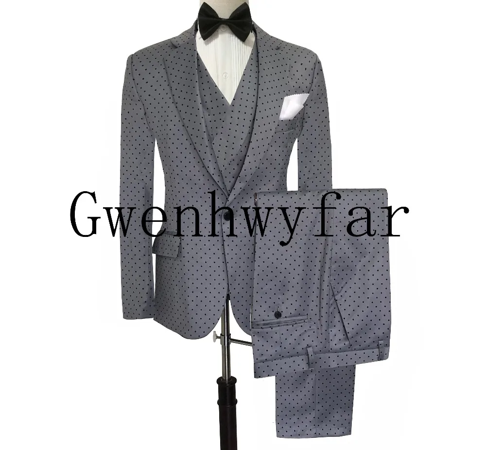 Мужской костюм Poika в горошек, 3 предмета, новейший дизайн пальто, брюки, смокинги с отворотом, Женихи, мужские свадебные/вечерние(Блейзер+ жилет+ брюки