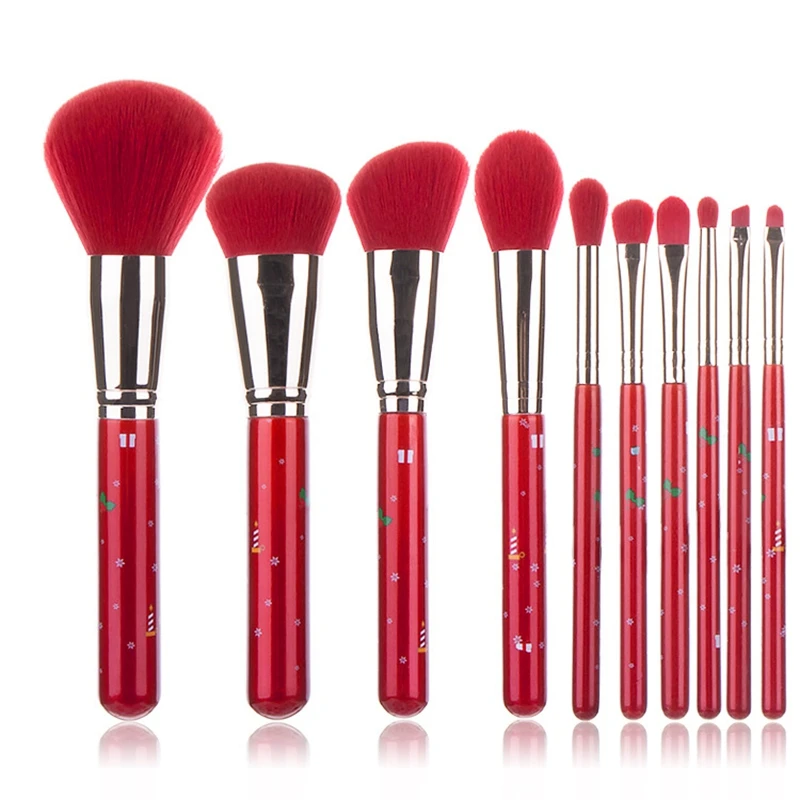 10Pcs Christmas Makeup Brushes Set Professional Bright Red Beauty Tool Shadow Brush | Красота и здоровье