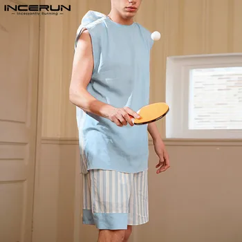 

INCERUN Summer Striped Men Pajamas Sets Hooded Sleeveless Tops Elastic Waist Shorts 2020 Loungewear Sets Breathable Workout Suit