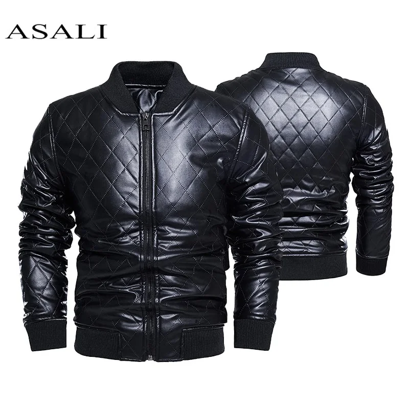 Chaqueta de cuero con cuello y cremallera para hombre, diseño de varias telas con cuero de imitación, informal, para negocios e Invierno