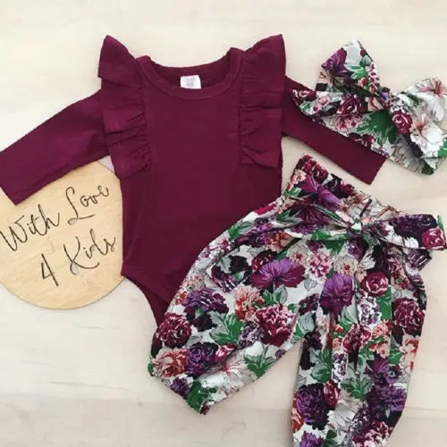 2 Pieces New Born Toddler Infant Clothes Set Princess Baby Girls Fly Sleeve Romper+Floral Pants+Headband Clothing 0-18 Months