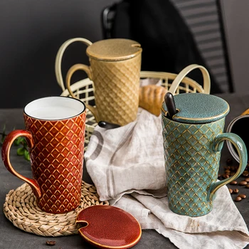 

European Diamond Ceramic Milk Mug with Lid Spoon Large Capacity Couple Coffee Cup Office Juice Cup Household Afternoon Tea Set
