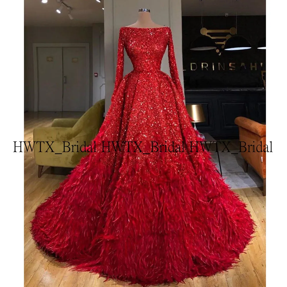 

Custom Long Evening Dress 2020 Luxury Feathers Sequin Plus Size Red Long Sleeves Saudi Arabia Dubai Formal Gowns Robe de soiree