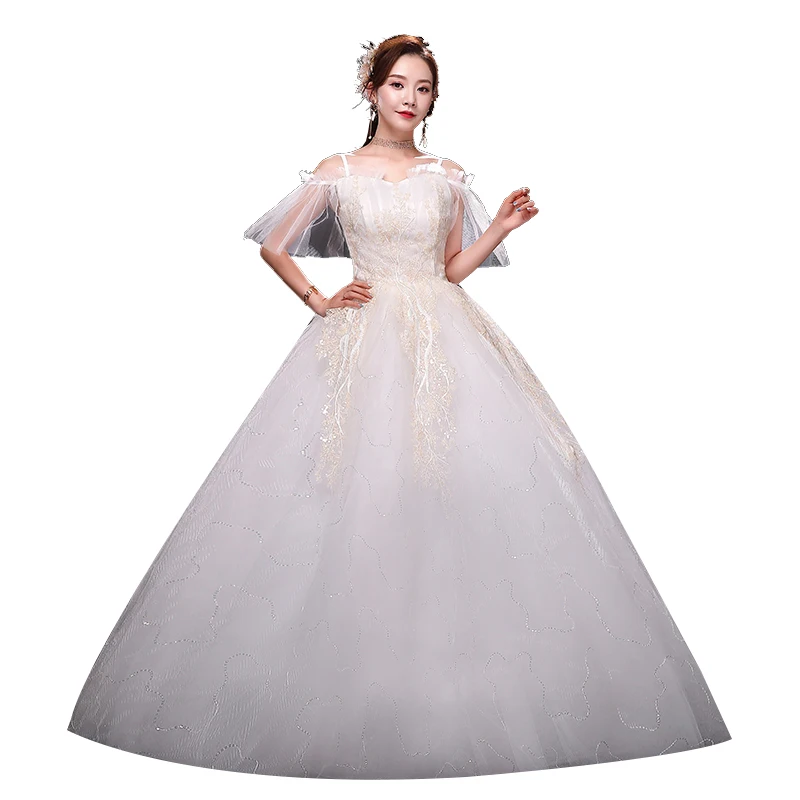 

Do Dower Sexy Boat Neck Spaghetti Straps 2019 New Wedding Dress Lace Embroidery Lace Up Bride Ball Gown Robe De Mariee L