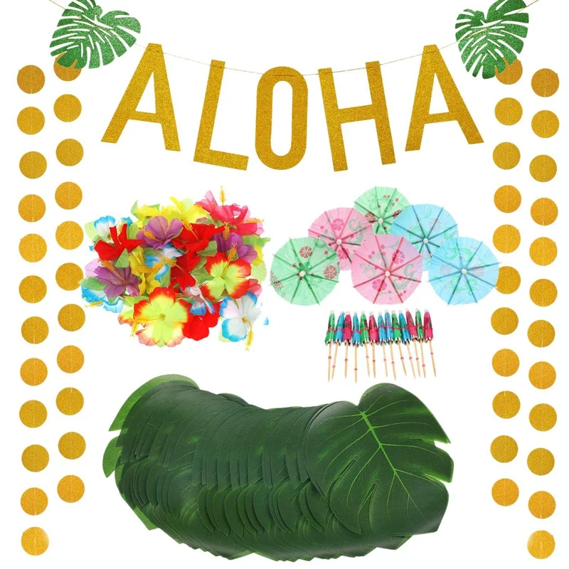 

189 PCS Hawaiian Tropical Theme Party Decorations Set Includes Gold Glitter Aloha Banner Mixed Color Paper Umbrellas Tropical Pa