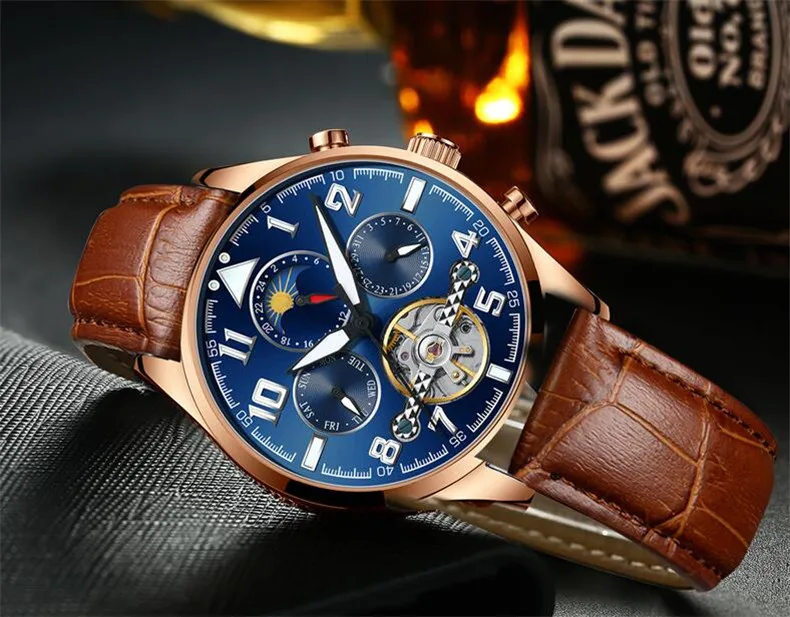 Многофункциональные часы tourbillon для мужчин люксовый бренд Moon фазный Автоматический Механические часы полый маховик мужские часы новые