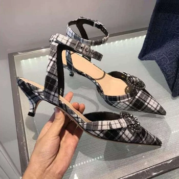 

Gladiator Sandals 2020 Brand Pointed Toe Summer Shoes Woman Pumps Metal Designer Shallow Sandalias Mujer Med High Heels Shoes