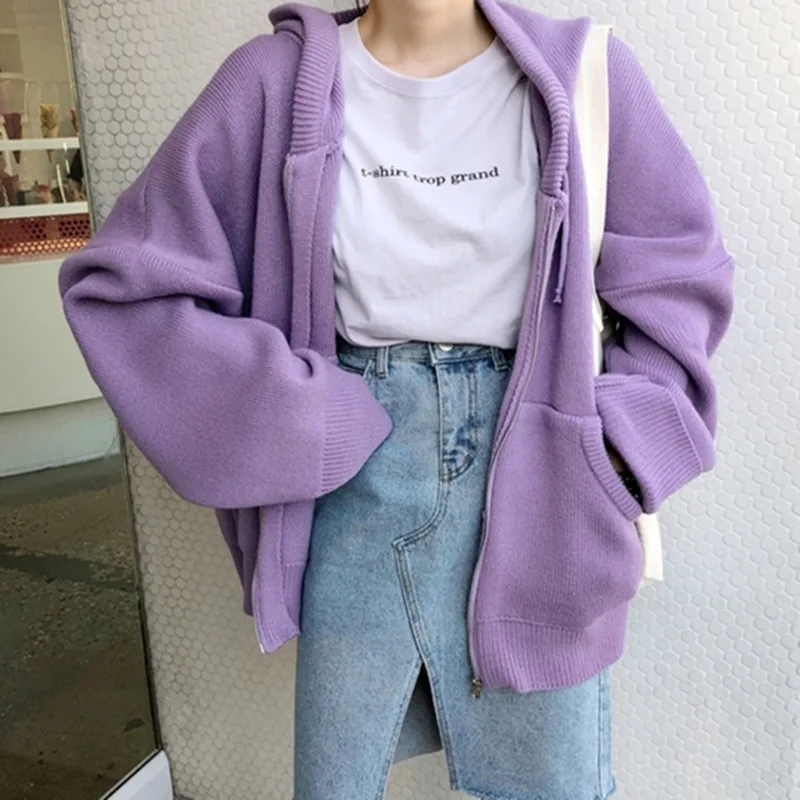 Фиолетовый Colorfaith женские Свитера Осень Зима длинные кардиганы на молнии с капюшоном с v-образным вырезом карманы модные повседневные однотонные свободные топы SW7564 - Цвет: Фиолетовый